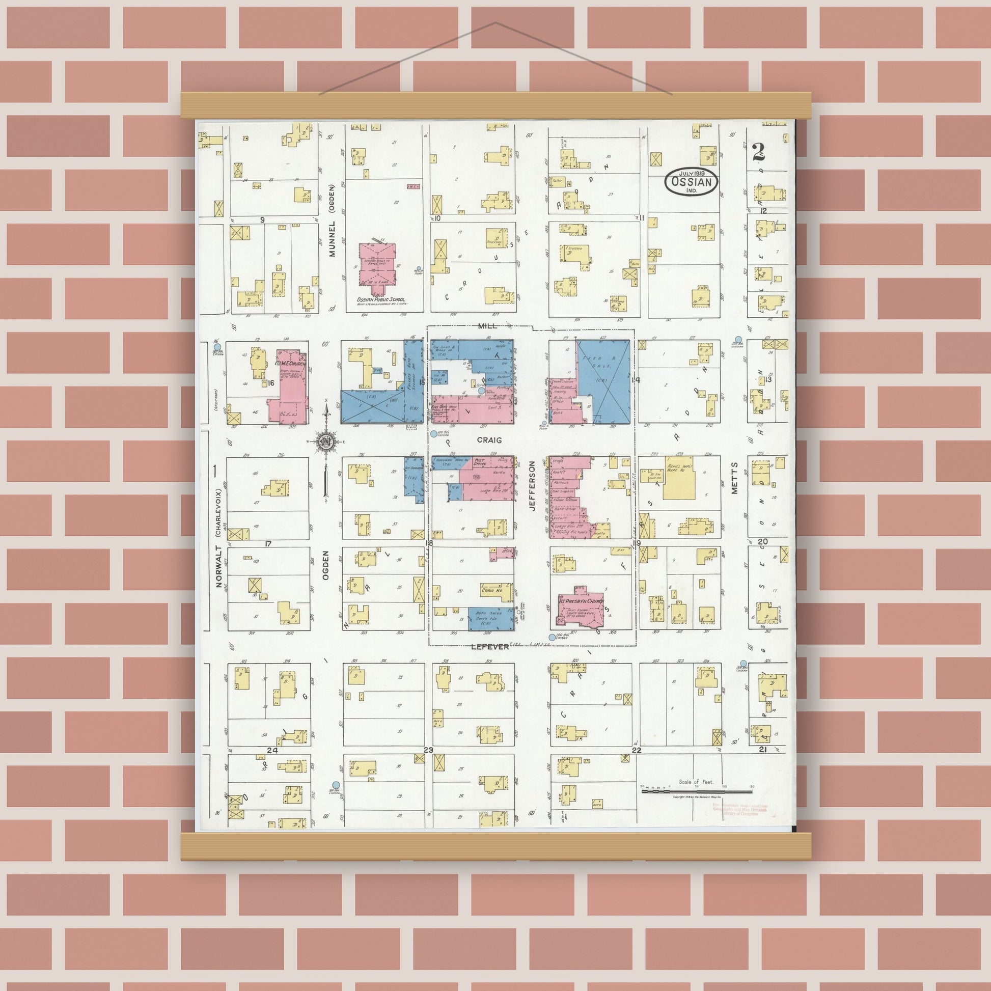 Old map wall art mockup — magnetic wood frame on brick wall — Sanborn Fire Insurance Map from Ossian, Wells County, Indiana (1919), Sheet #0002
