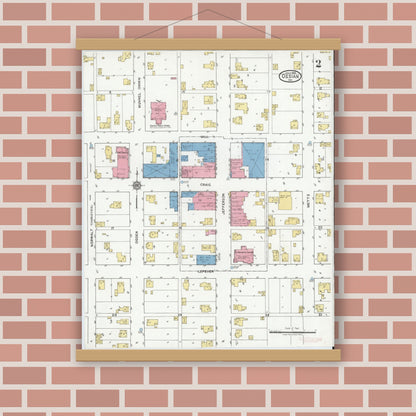 Old map wall art mockup — magnetic wood frame on brick wall — Sanborn Fire Insurance Map from Ossian, Wells County, Indiana (1919), Sheet #0002