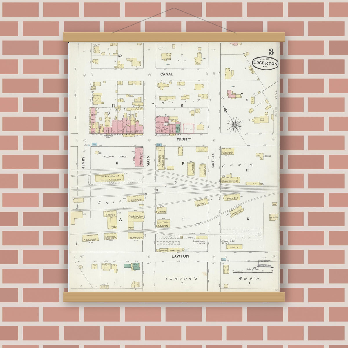 Old map wall art mockup — magnetic wood frame on brick wall — Sanborn Fire Insurance Map from Edgerton, Rock County, Wisconsin (1891), Sheet #0003