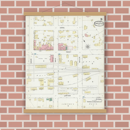 Old map wall art mockup — magnetic wood frame on brick wall — Sanborn Fire Insurance Map from Edgerton, Rock County, Wisconsin (1891), Sheet #0003