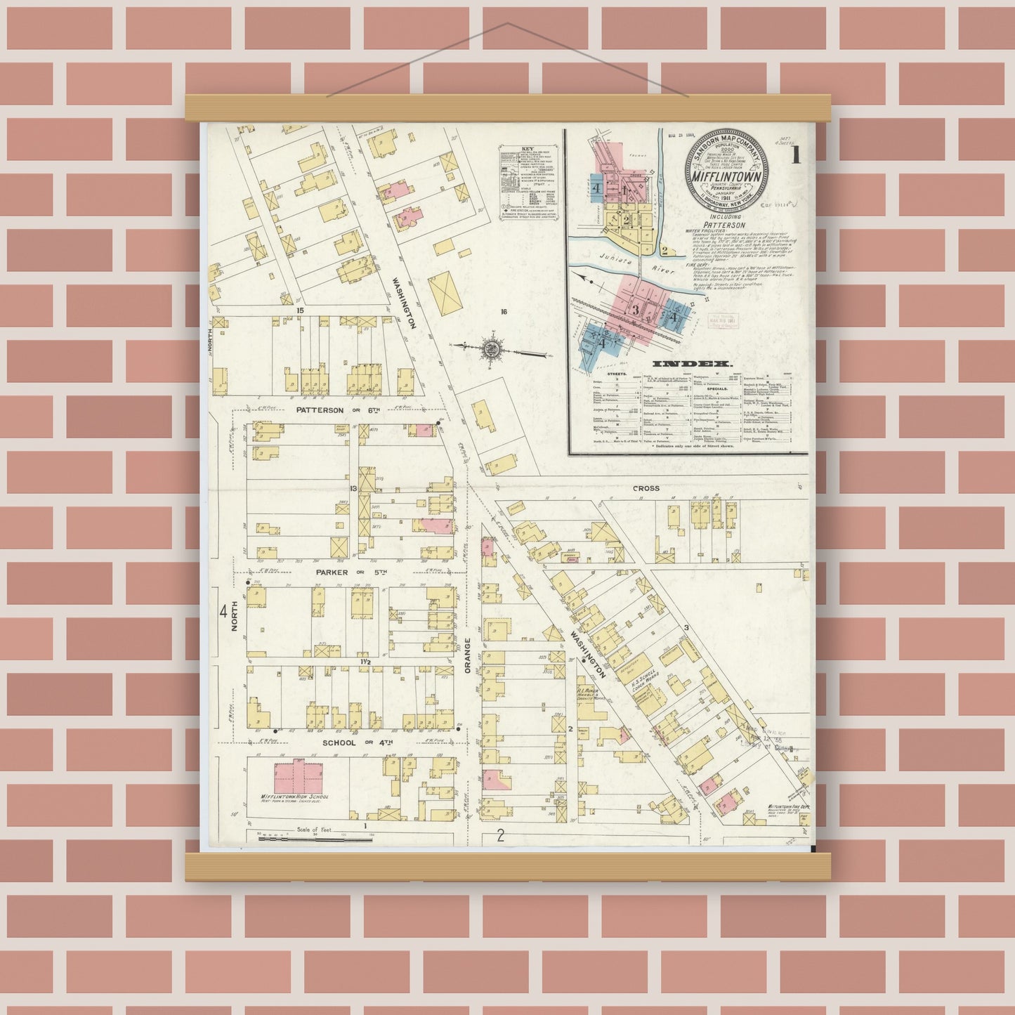 Old map wall art mockup — magnetic wood frame on brick wall — Sanborn Fire Insurance Map from Mifflintown, Juniata County, Pennsylvania (1911) - Complete Map Set