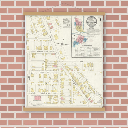 Old map wall art mockup — magnetic wood frame on brick wall — Sanborn Fire Insurance Map from Mifflintown, Juniata County, Pennsylvania (1911) - Complete Map Set