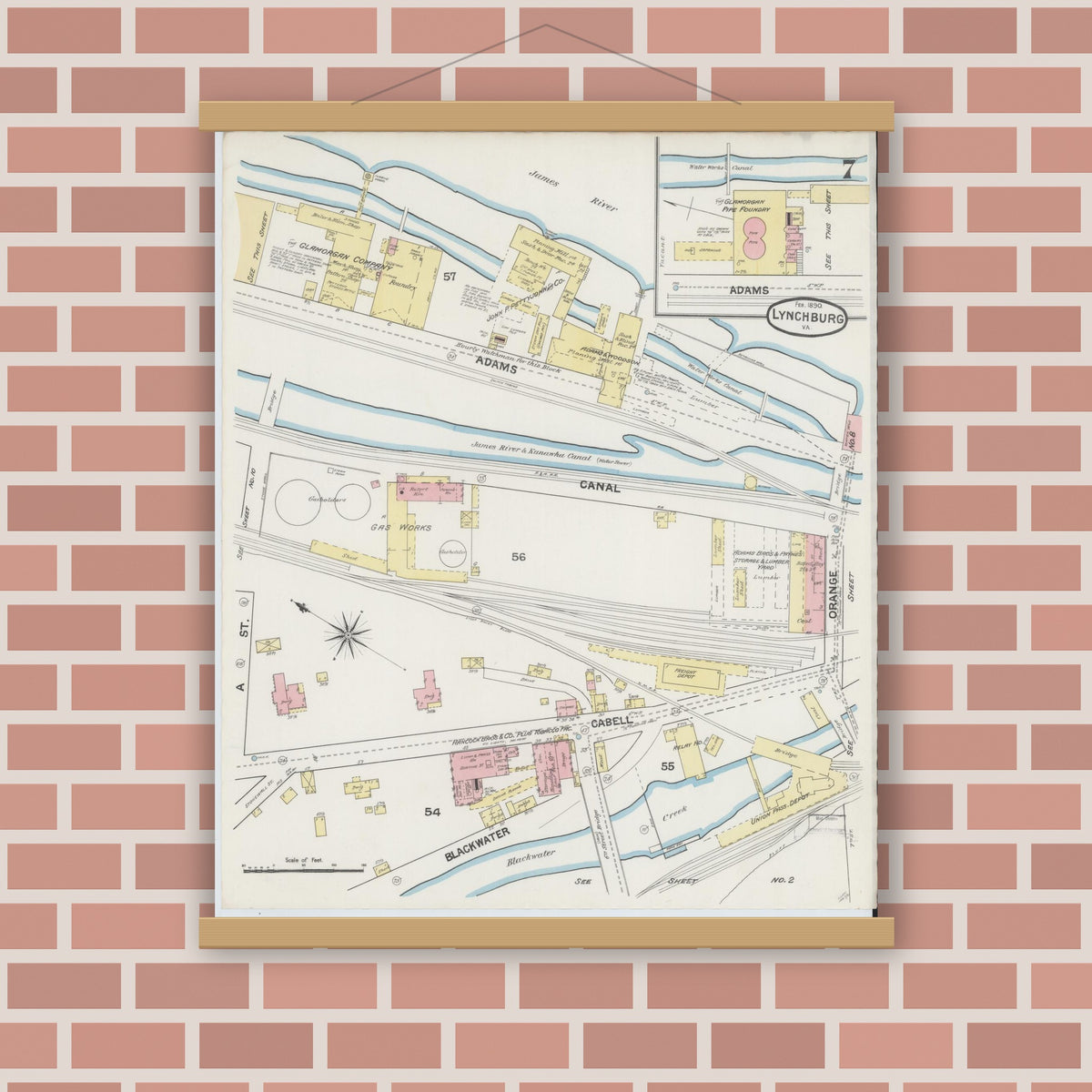 Old map wall art mockup — magnetic wood frame on brick wall — Sanborn Fire Insurance Map from Lynchburg, Independent Cities, Virginia (1890), Sheet #0007