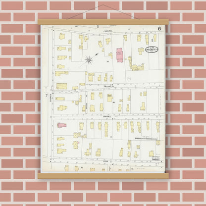 Old map wall art mockup — magnetic wood frame on brick wall — Sanborn Fire Insurance Map from Greenfield, Franklin County, Massachusetts (1896), Sheet #0006