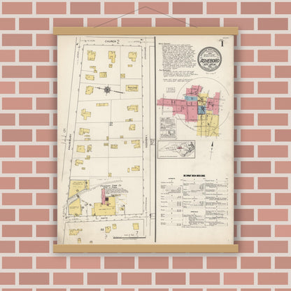 Old map wall art mockup — magnetic wood frame on brick wall — Sanborn Fire Insurance Map from Asheboro, Randolph County, North Carolina (1922), Sheet #0001