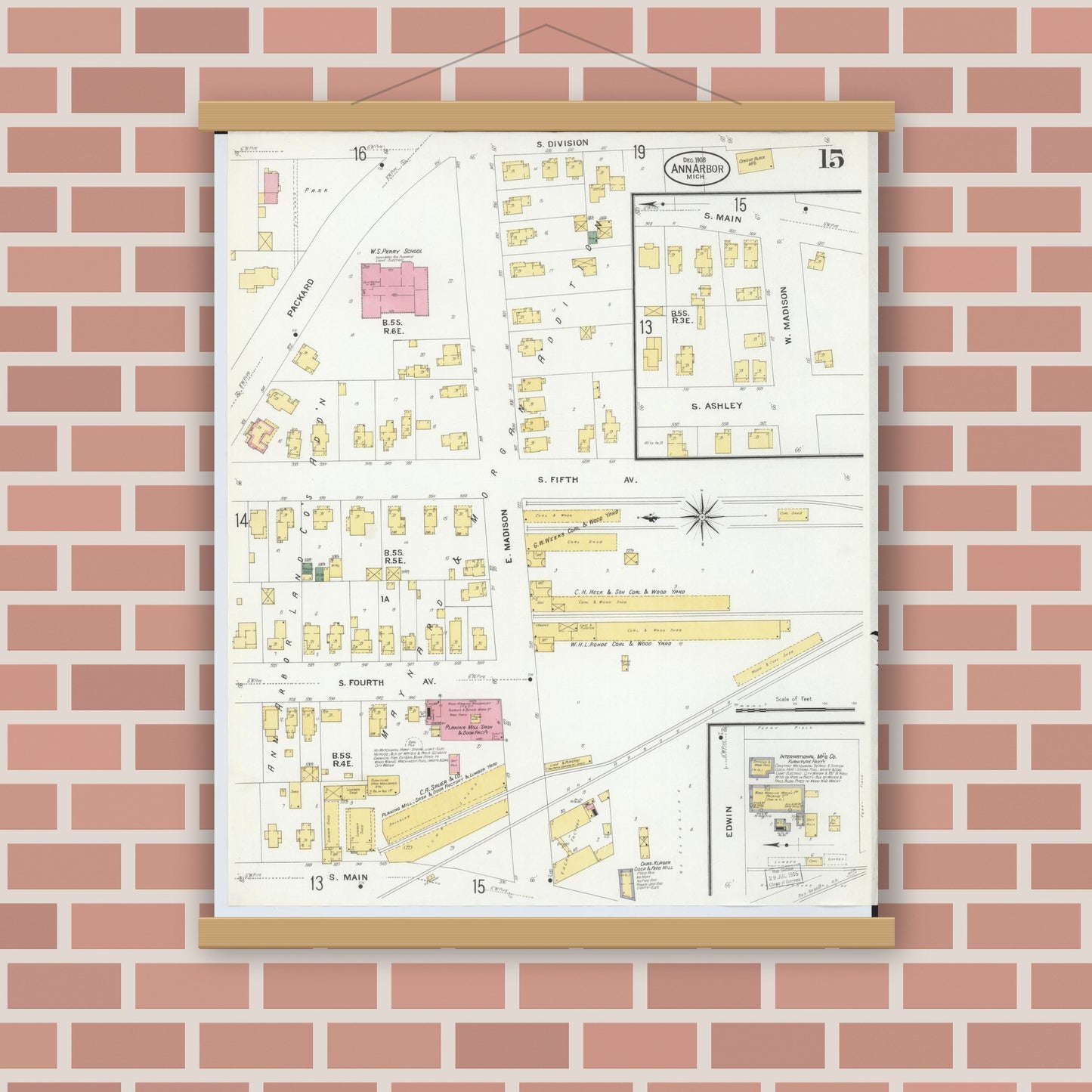 Old map wall art mockup — magnetic wood frame on brick wall — Sanborn Fire Insurance Map from Ann Arbor, Washtenaw County, Michigan (1908), Sheet #0015