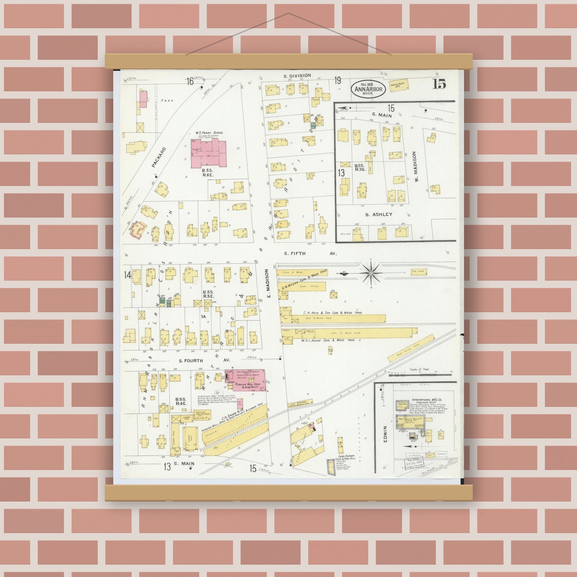 Old map wall art mockup — magnetic wood frame on brick wall — Sanborn Fire Insurance Map from Ann Arbor, Washtenaw County, Michigan (1908), Sheet #0015