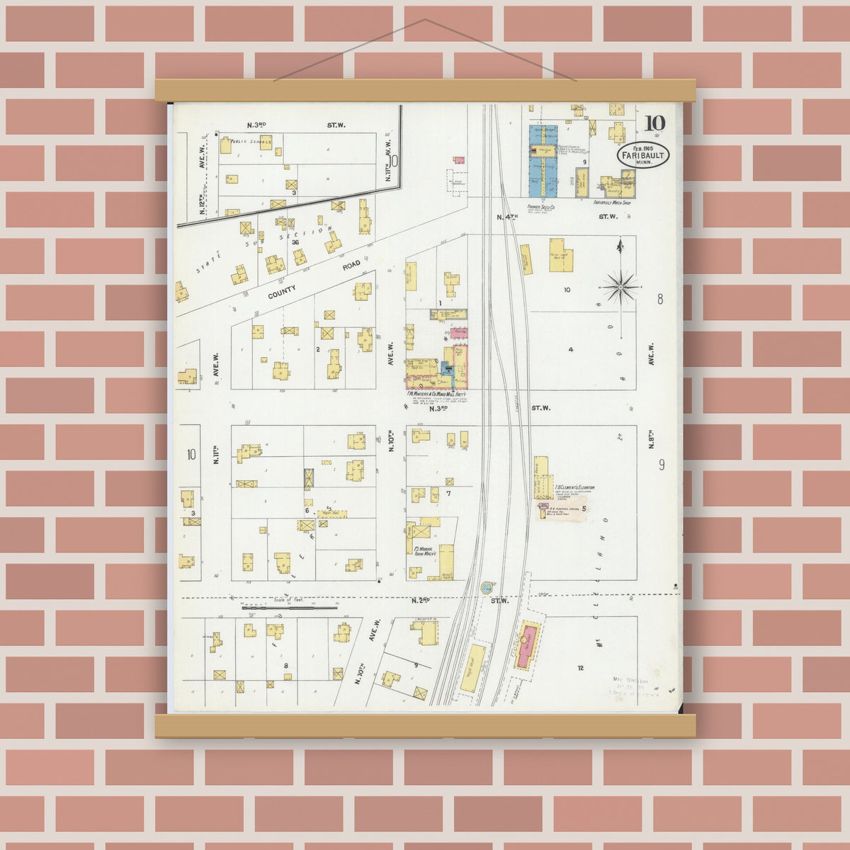 Old map wall art mockup — magnetic wood frame on brick wall — Sanborn Fire Insurance Map from Faribault, Rice County, Minnesota (1905), Sheet #0010