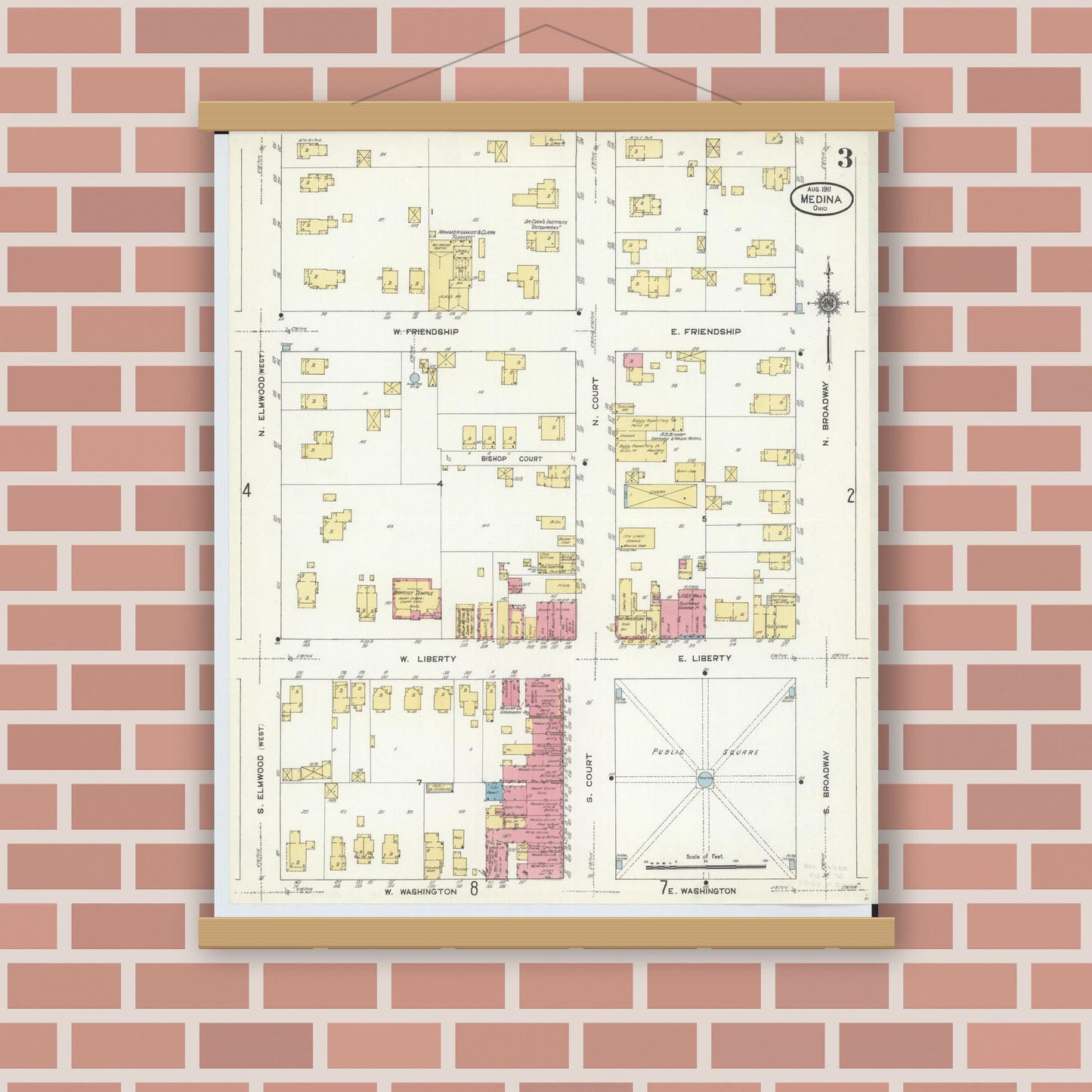 Old map wall art mockup — magnetic wood frame on brick wall — Sanborn Fire Insurance Map from Medina, Medina County, Ohio (1911), Sheet #0003