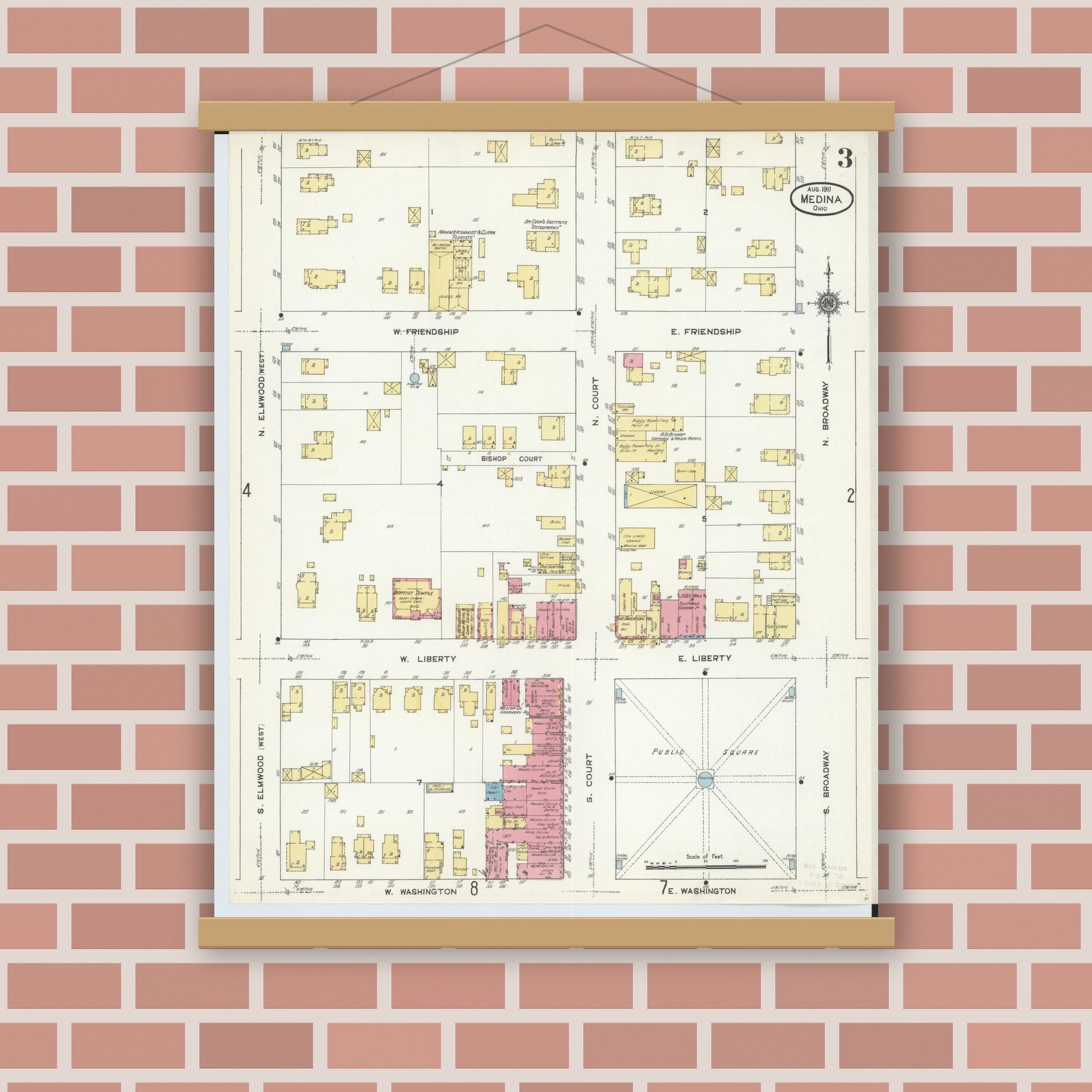 Old map wall art mockup — magnetic wood frame on brick wall — Sanborn Fire Insurance Map from Medina, Medina County, Ohio (1911), Sheet #0003