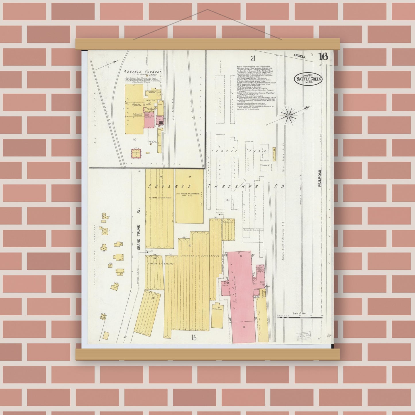 Old map wall art mockup — magnetic wood frame on brick wall — Sanborn Fire Insurance Map from Battle Creek, Calhoun County, Michigan (1902), Sheet #0016