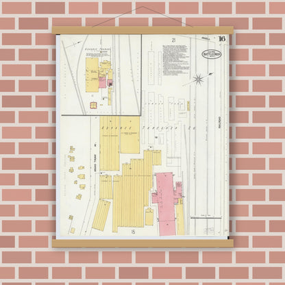 Old map wall art mockup — magnetic wood frame on brick wall — Sanborn Fire Insurance Map from Battle Creek, Calhoun County, Michigan (1902), Sheet #0016