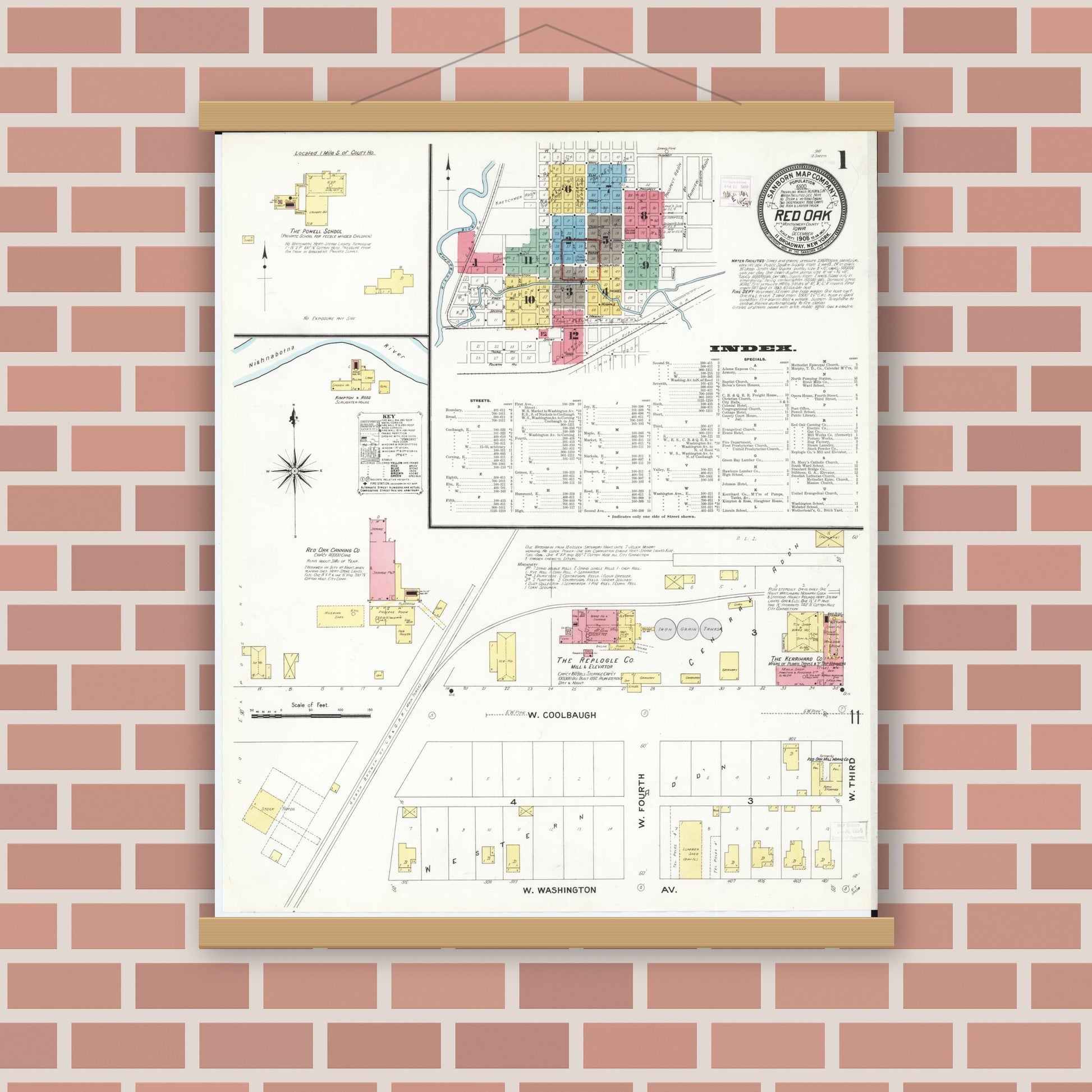 Old map wall art mockup — magnetic wood frame on brick wall — Sanborn Fire Insurance Map from Red Oak, Montgomery County, Iowa (1908), Sheet #0001
