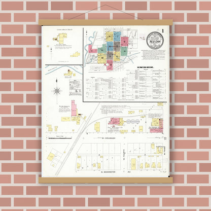 Old map wall art mockup — magnetic wood frame on brick wall — Sanborn Fire Insurance Map from Red Oak, Montgomery County, Iowa (1908), Sheet #0001
