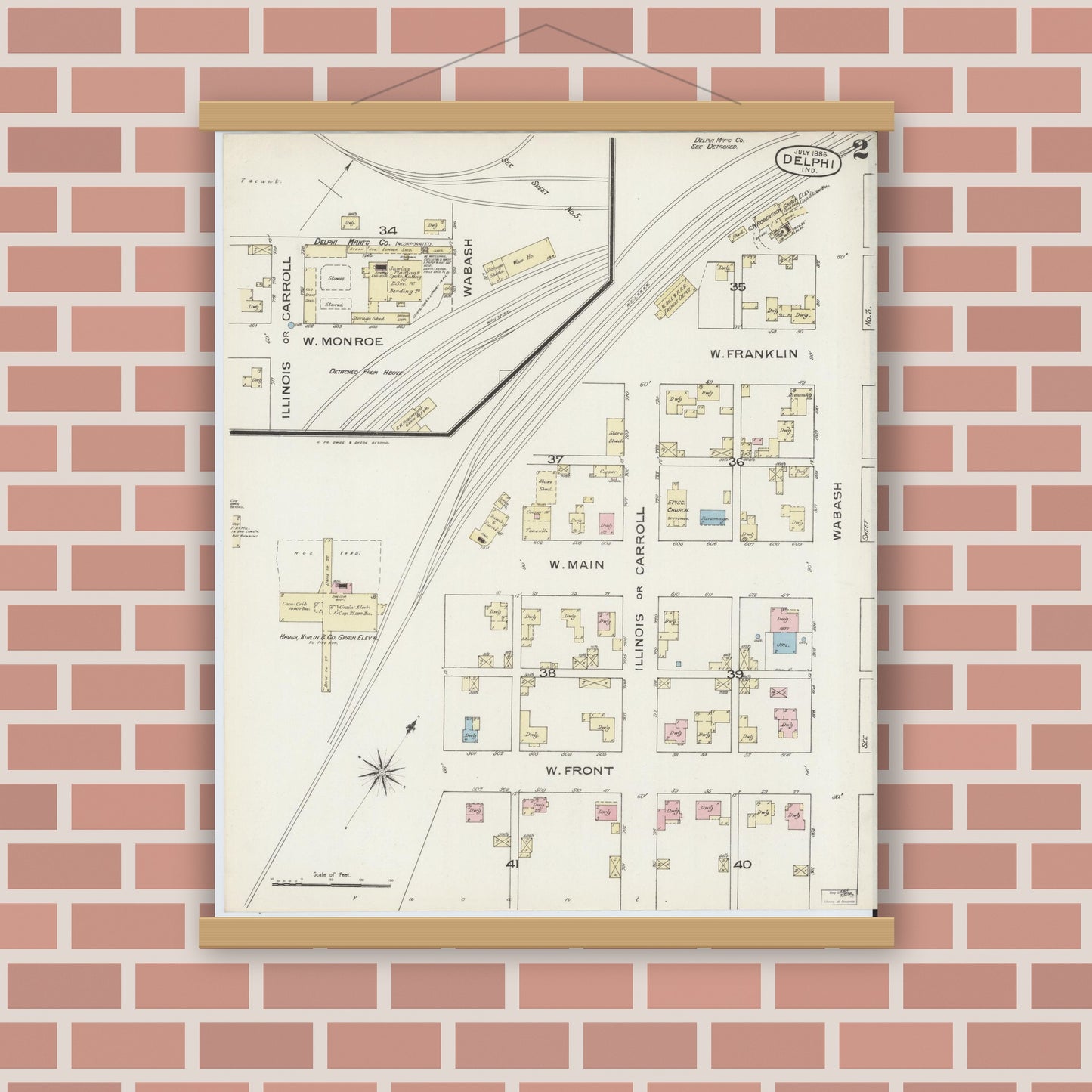 Old map wall art mockup — magnetic wood frame on brick wall — Sanborn Fire Insurance Map from Delphi, Carroll County, Indiana (1886), Sheet #0002