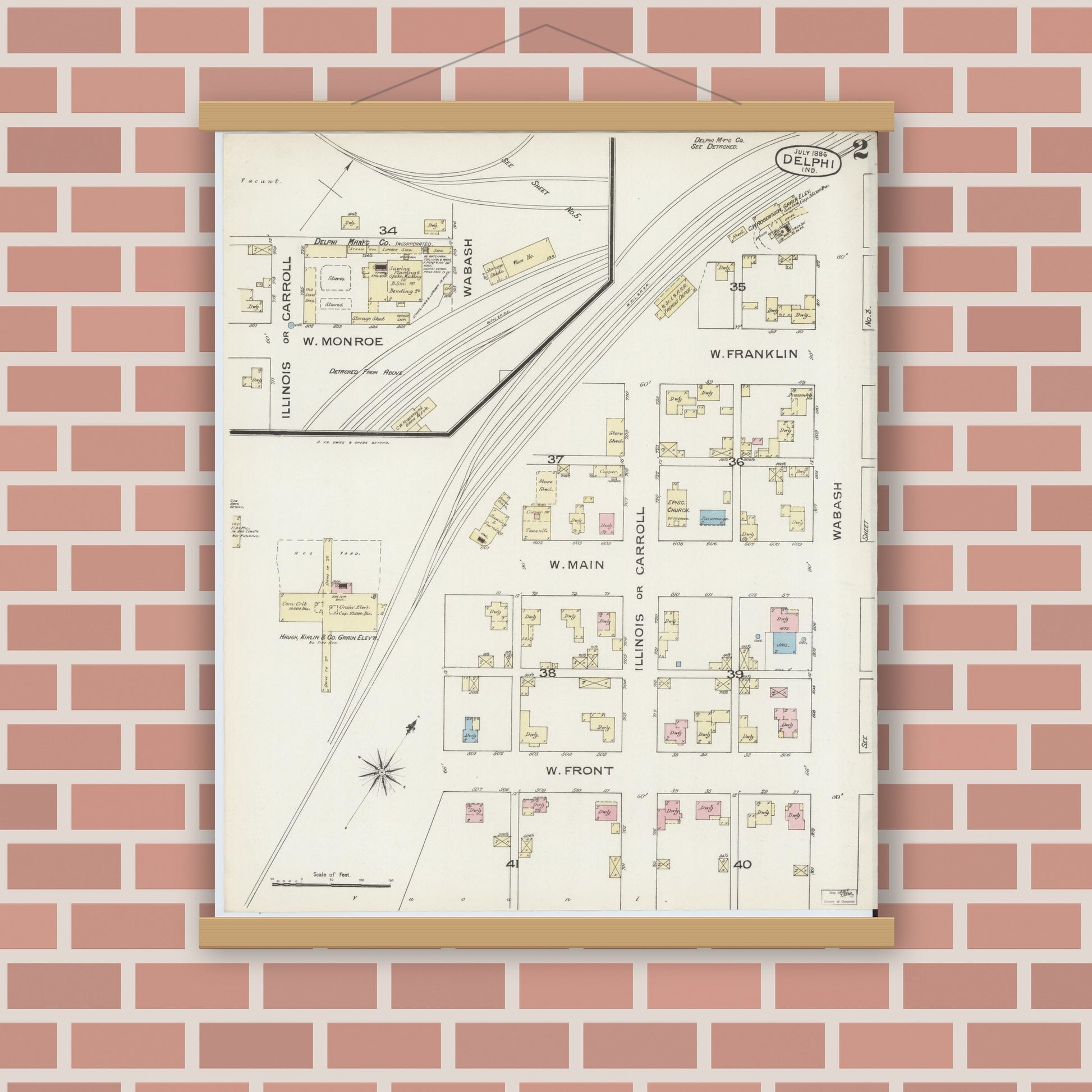 Old map wall art mockup — magnetic wood frame on brick wall — Sanborn Fire Insurance Map from Delphi, Carroll County, Indiana (1886), Sheet #0002
