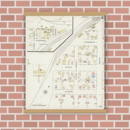 Old map wall art mockup — magnetic wood frame on brick wall — Sanborn Fire Insurance Map from Delphi, Carroll County, Indiana (1886), Sheet #0002