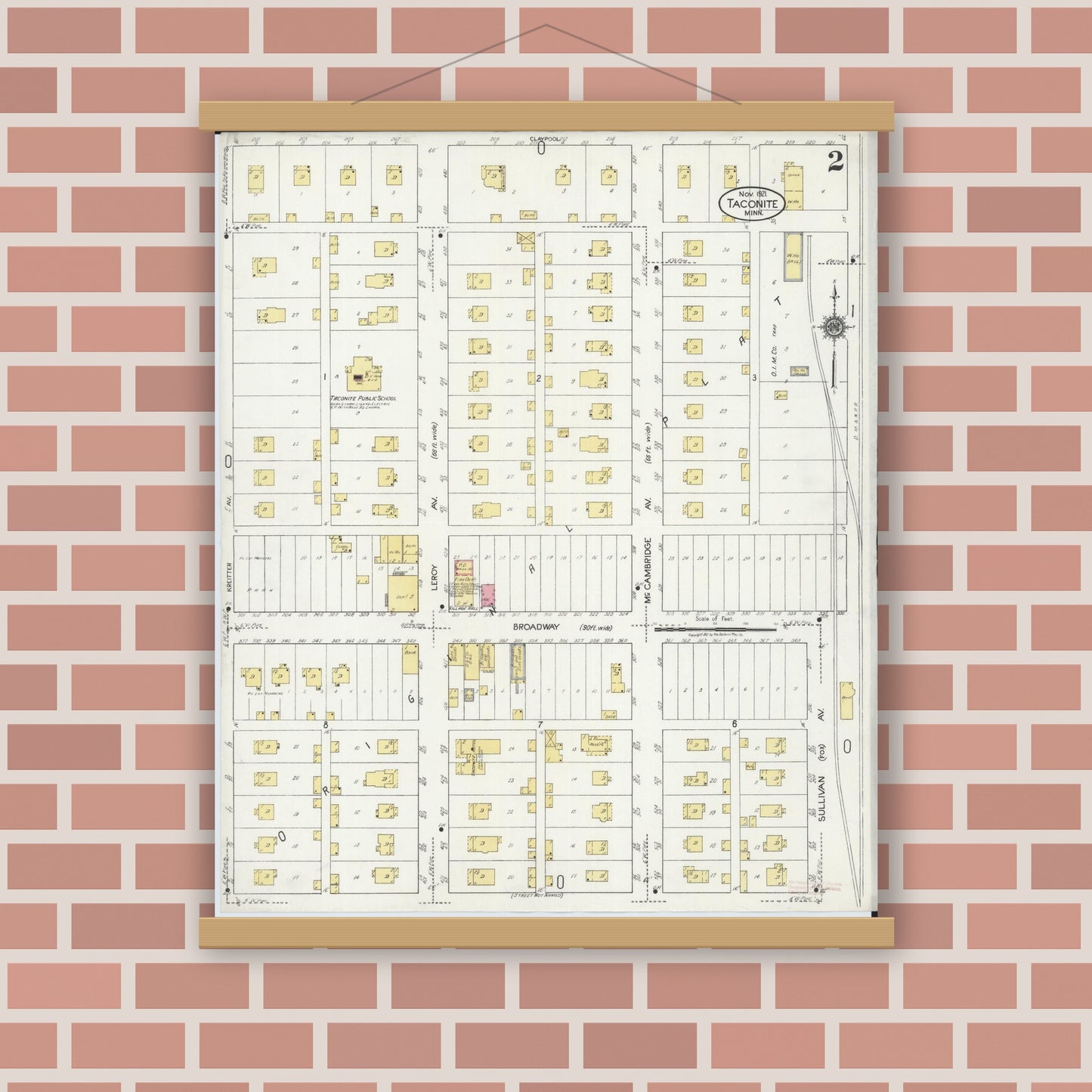 Old map wall art mockup — magnetic wood frame on brick wall — Sanborn Fire Insurance Map from Taconite, Ltasca County, Minnesota (1921), Sheet #0002