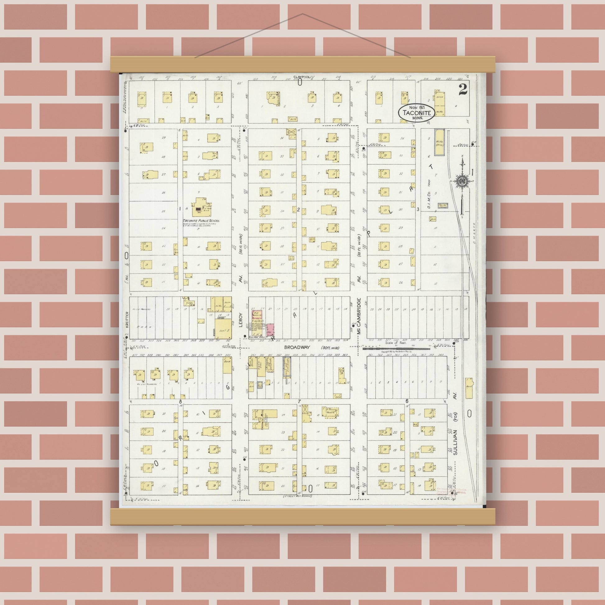Old map wall art mockup — magnetic wood frame on brick wall — Sanborn Fire Insurance Map from Taconite, Ltasca County, Minnesota (1921), Sheet #0002