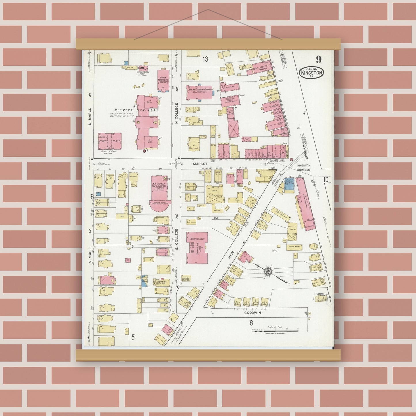 Old map wall art mockup — magnetic wood frame on brick wall — Sanborn Fire Insurance Map from Kingston, Luzerne County, Pennsylvania (1919), Sheet #0009