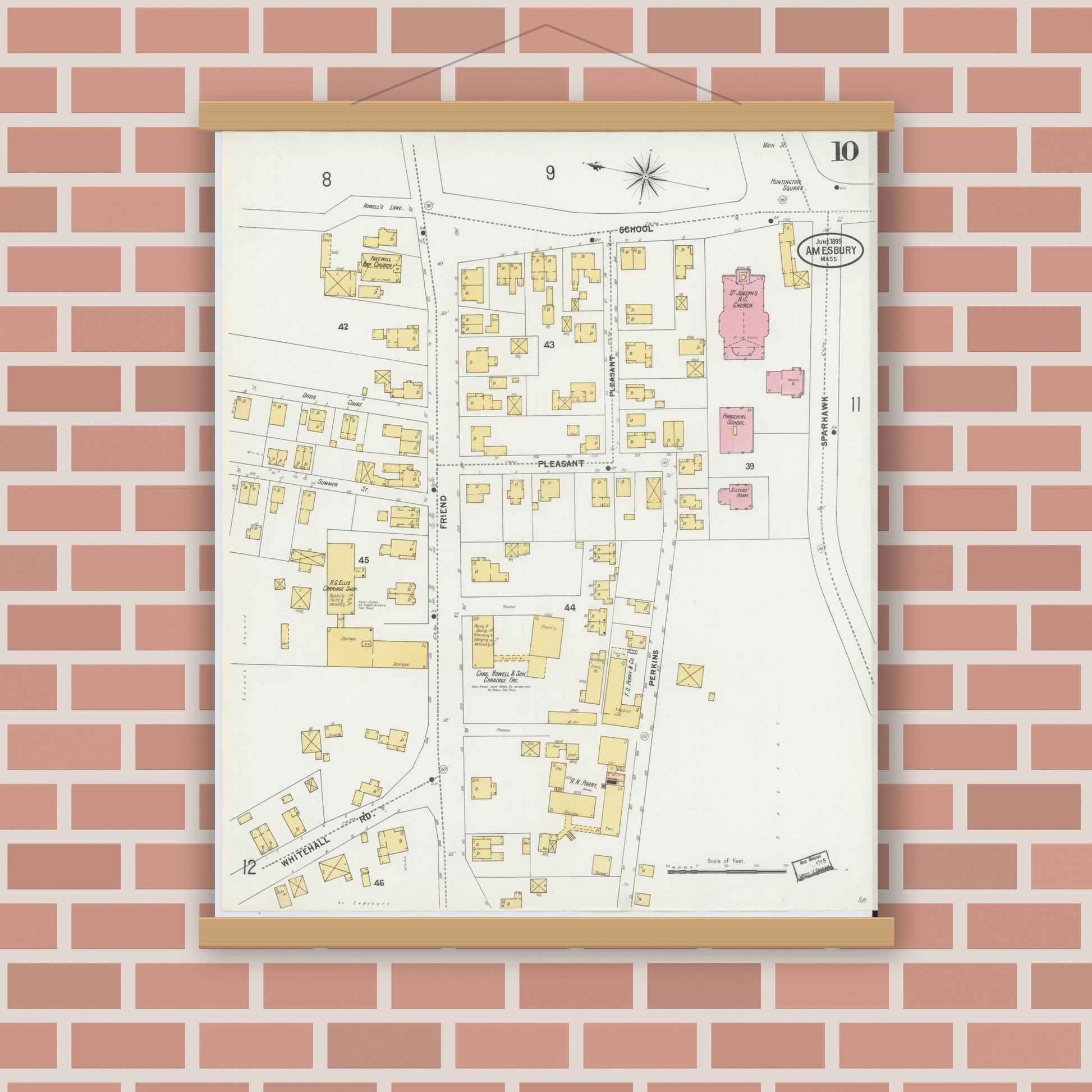 Old map wall art mockup — magnetic wood frame on brick wall — Sanborn Fire Insurance Map from Amesbury, Essex County, Massachusetts (1899), Sheet #0010