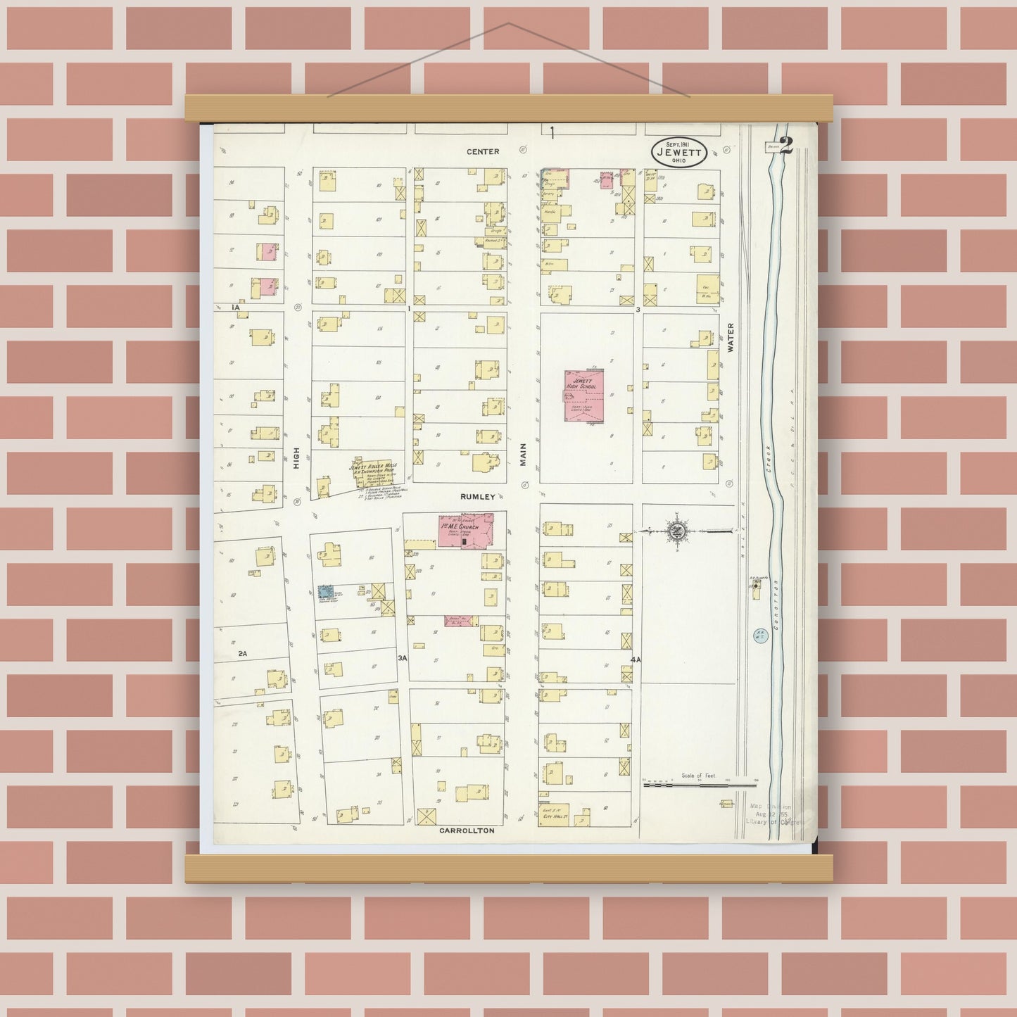 Old map wall art mockup — magnetic wood frame on brick wall — Sanborn Fire Insurance Map from Jewett, Harrison County, Ohio (1911), Sheet #0002