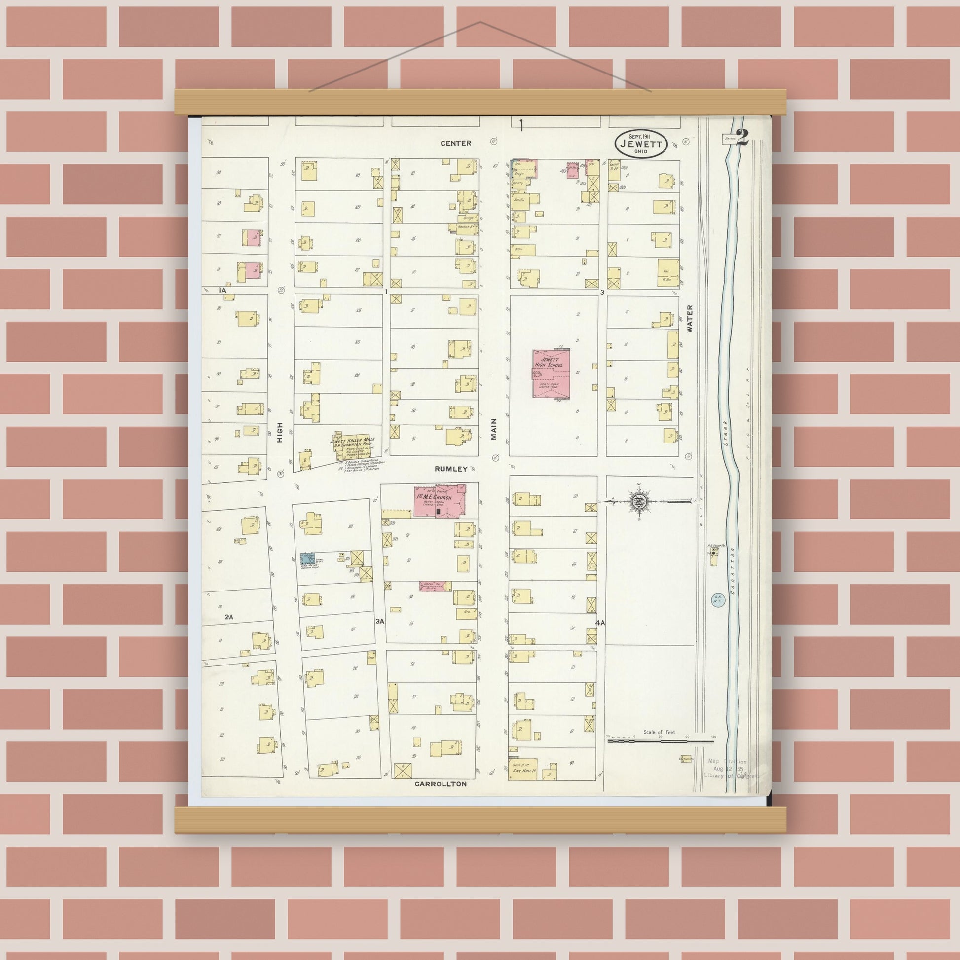 Old map wall art mockup — magnetic wood frame on brick wall — Sanborn Fire Insurance Map from Jewett, Harrison County, Ohio (1911), Sheet #0002