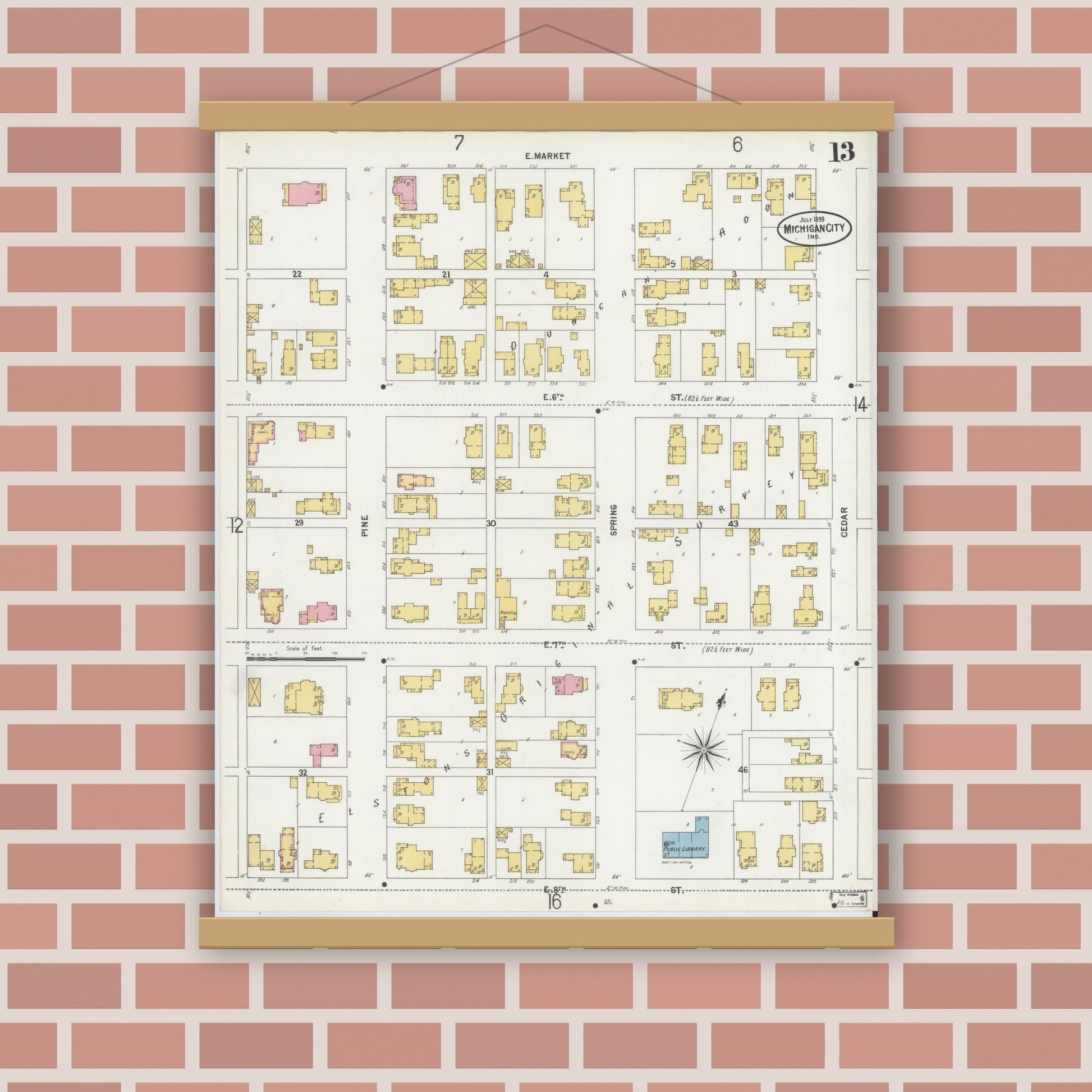 Old map wall art mockup — magnetic wood frame on brick wall — Sanborn Fire Insurance Map from Michigan City, La Porte County, Indiana (1899), Sheet #0013