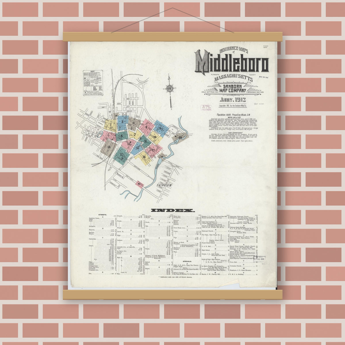 Old map wall art mockup — magnetic wood frame on brick wall — Sanborn Fire Insurance Map from Middleboro, Plymouth County, Massachusetts (1912) - Complete Map Set
