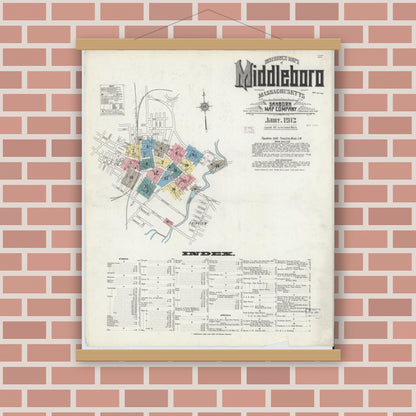 Old map wall art mockup — magnetic wood frame on brick wall — Sanborn Fire Insurance Map from Middleboro, Plymouth County, Massachusetts (1912) - Complete Map Set