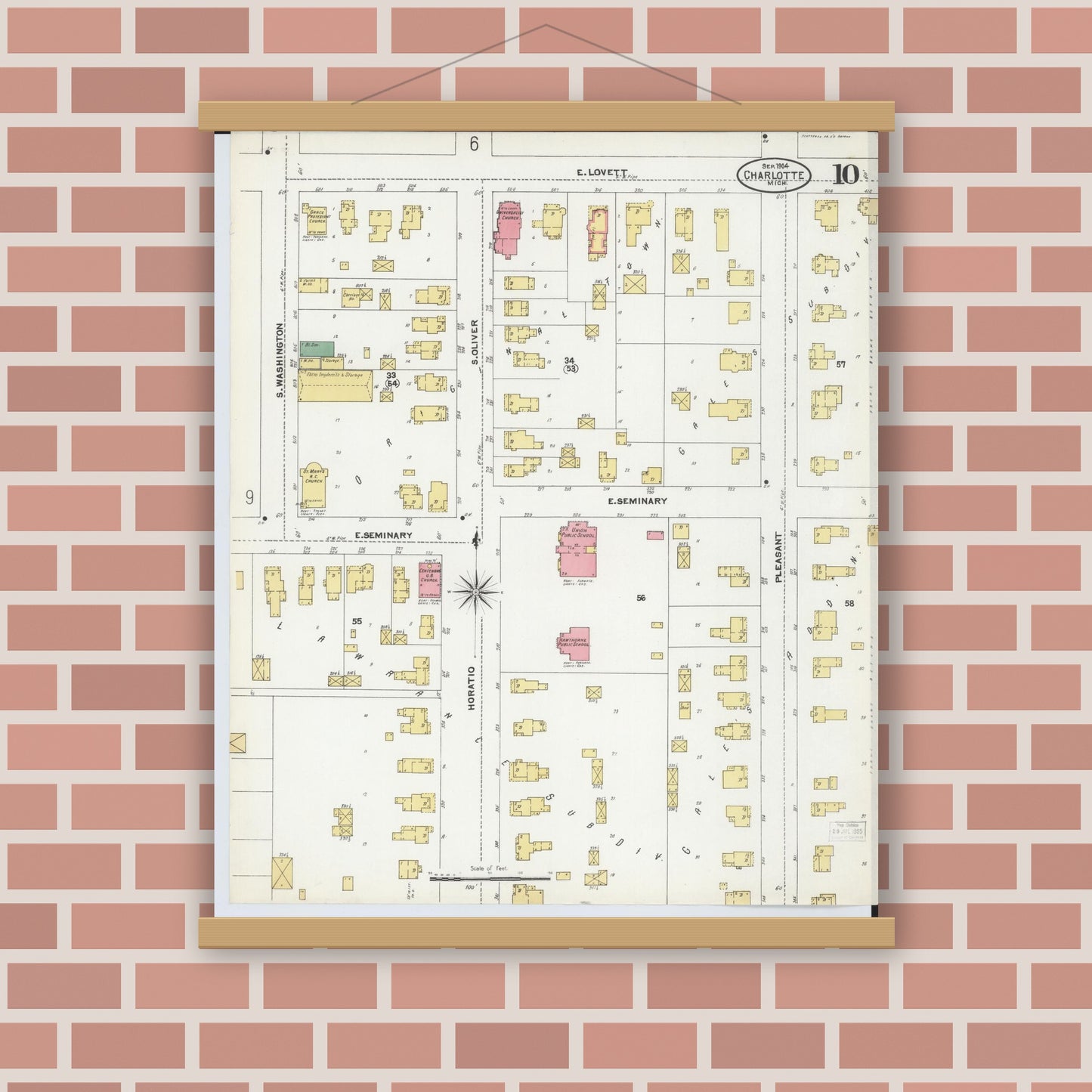 Old map wall art mockup — magnetic wood frame on brick wall — Sanborn Fire Insurance Map from Charlotte, Eaton County, Michigan (1904), Sheet #0010