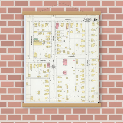 Old map wall art mockup — magnetic wood frame on brick wall — Sanborn Fire Insurance Map from Charlotte, Eaton County, Michigan (1904), Sheet #0010