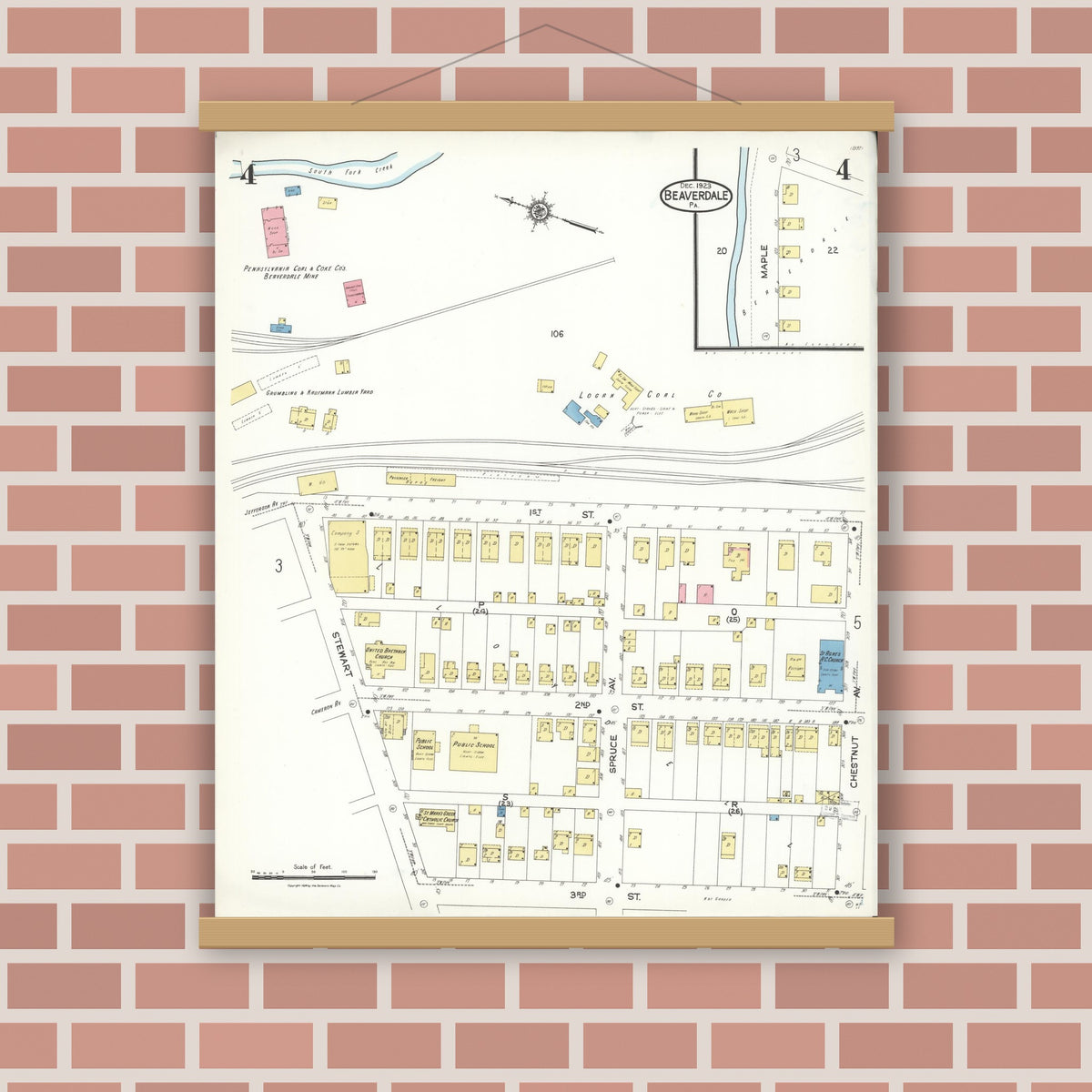 Old map wall art mockup — magnetic wood frame on brick wall — Sanborn Fire Insurance Map from Beaverdale, Cambria County, Pennsylvania (1923), Sheet #0004