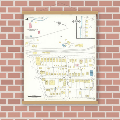 Old map wall art mockup — magnetic wood frame on brick wall — Sanborn Fire Insurance Map from Beaverdale, Cambria County, Pennsylvania (1923), Sheet #0004