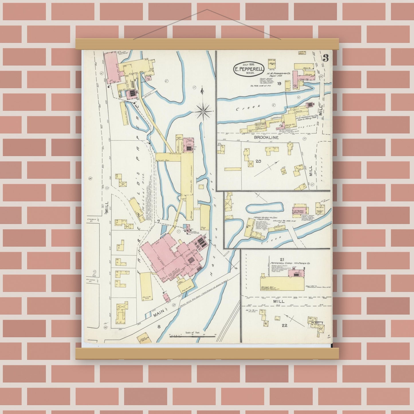Old map wall art mockup — magnetic wood frame on brick wall — Sanborn Fire Insurance Map from East Pepperell, Middlesex County, Massachusetts (1892), Sheet #0003