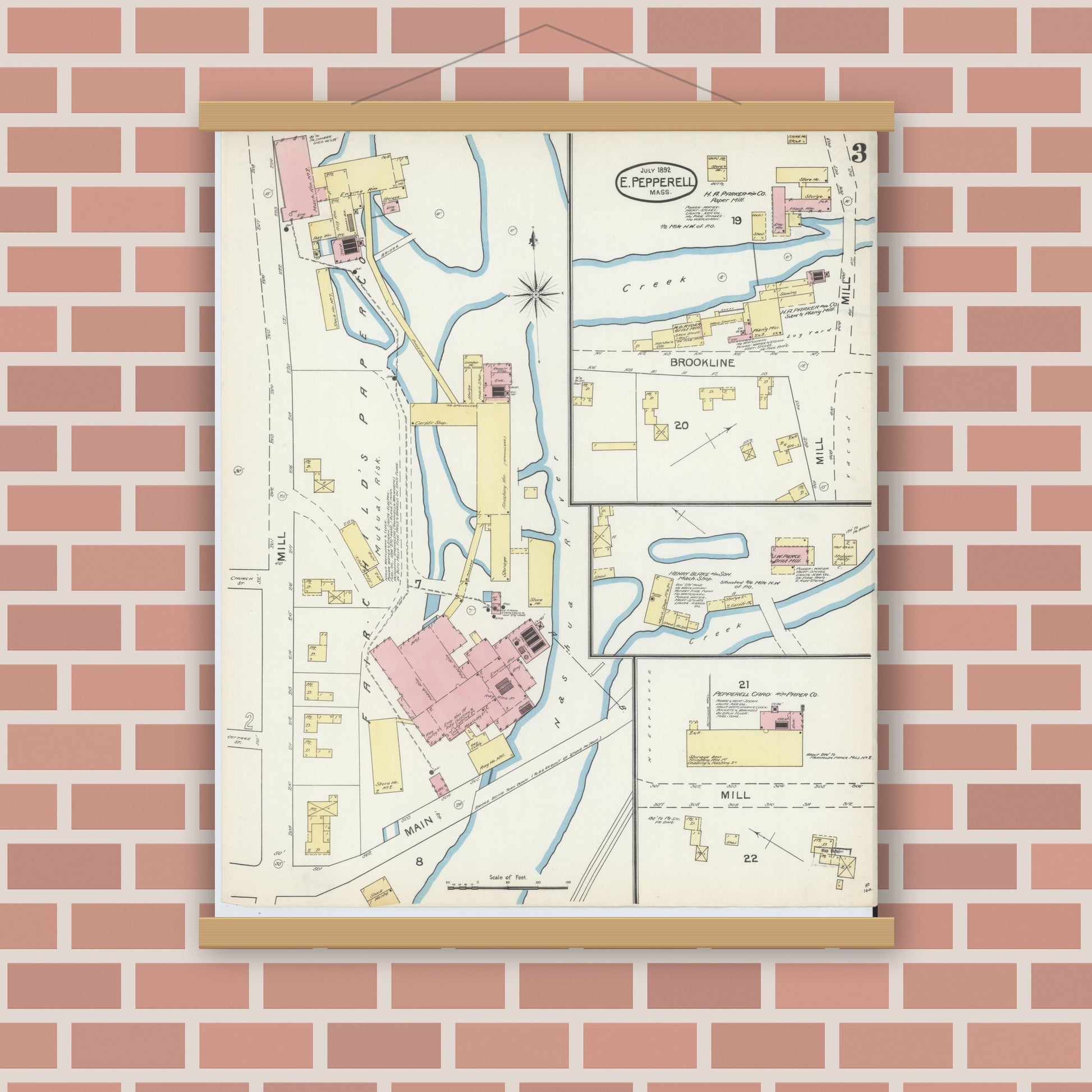 Old map wall art mockup — magnetic wood frame on brick wall — Sanborn Fire Insurance Map from East Pepperell, Middlesex County, Massachusetts (1892), Sheet #0003