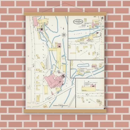 Old map wall art mockup — magnetic wood frame on brick wall — Sanborn Fire Insurance Map from East Pepperell, Middlesex County, Massachusetts (1892), Sheet #0003