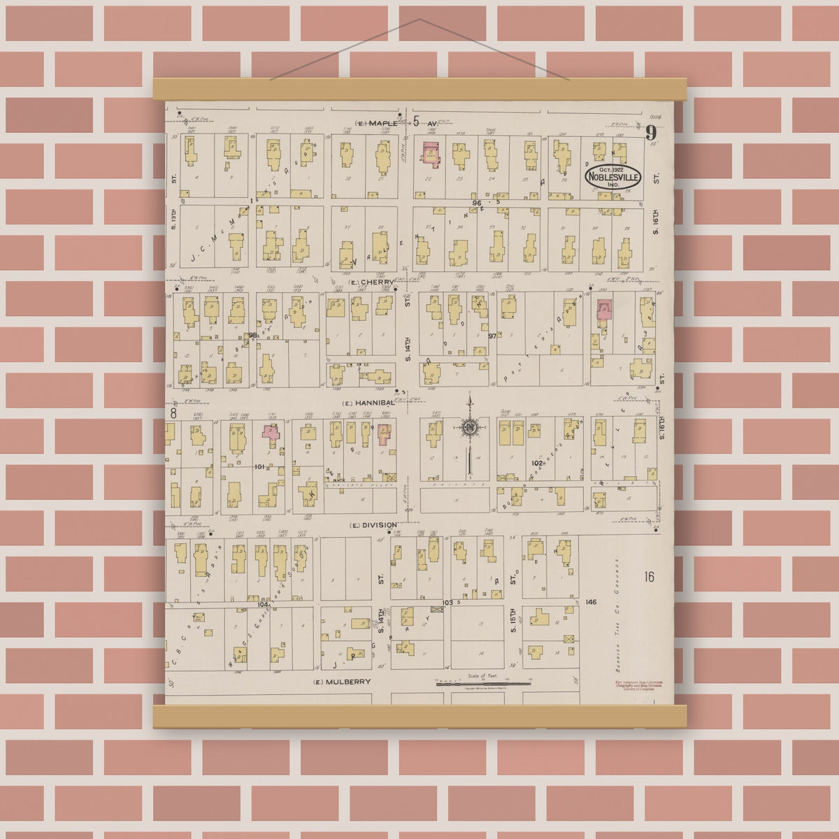 Old map wall art mockup — magnetic wood frame on brick wall — Sanborn Fire Insurance Map from Noblesville, Hamilton County, Indiana (1922), Sheet #0009