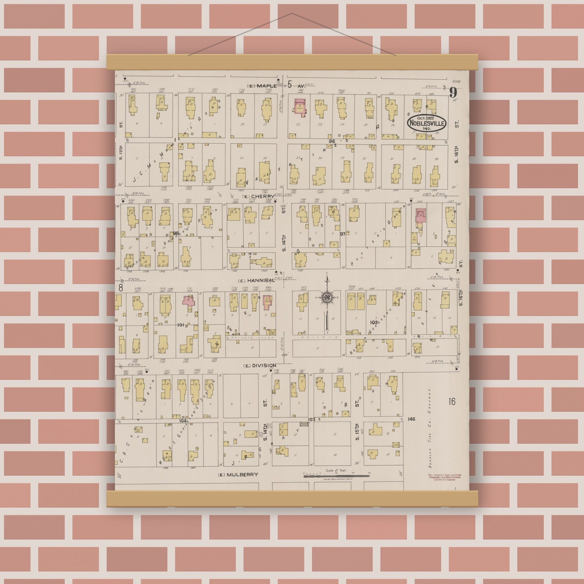 Old map wall art mockup — magnetic wood frame on brick wall — Sanborn Fire Insurance Map from Noblesville, Hamilton County, Indiana (1922), Sheet #0009