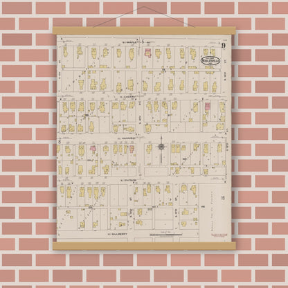 Old map wall art mockup — magnetic wood frame on brick wall — Sanborn Fire Insurance Map from Noblesville, Hamilton County, Indiana (1922), Sheet #0009