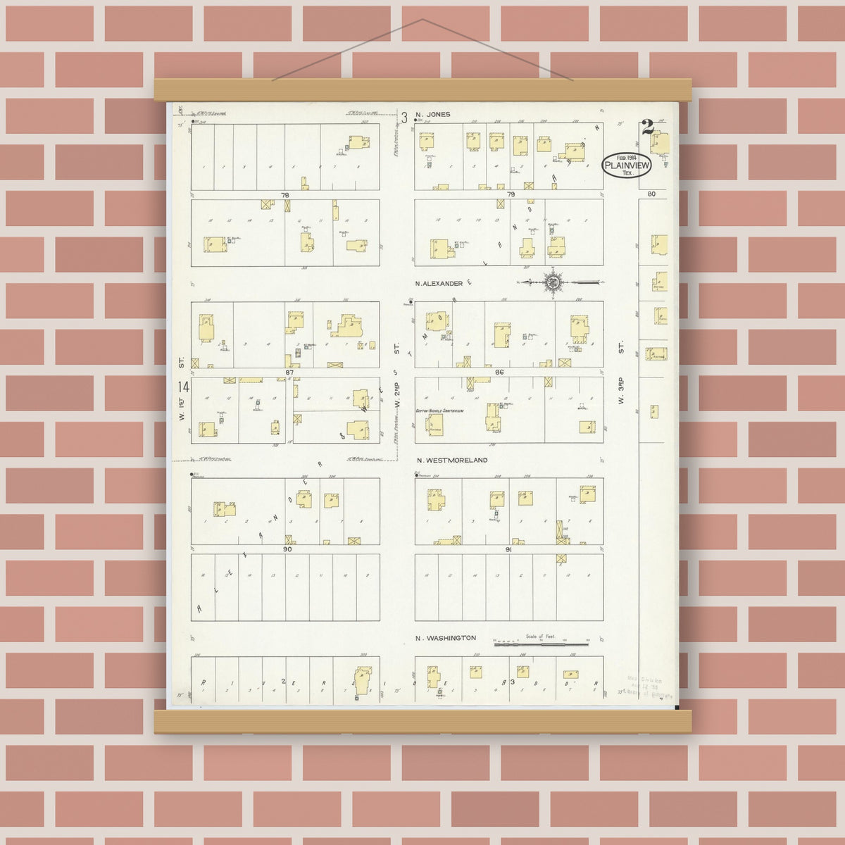 Old map wall art mockup — magnetic wood frame on brick wall — Sanborn Fire Insurance Map from Plainview, Hale County, Texas (1914), Sheet #0002