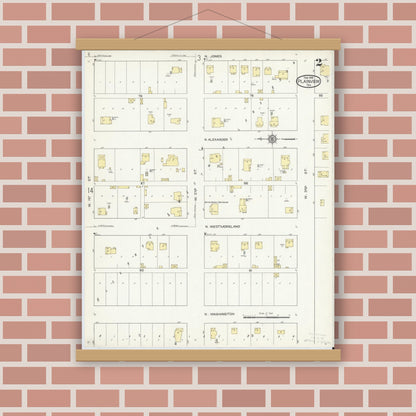 Old map wall art mockup — magnetic wood frame on brick wall — Sanborn Fire Insurance Map from Plainview, Hale County, Texas (1914), Sheet #0002