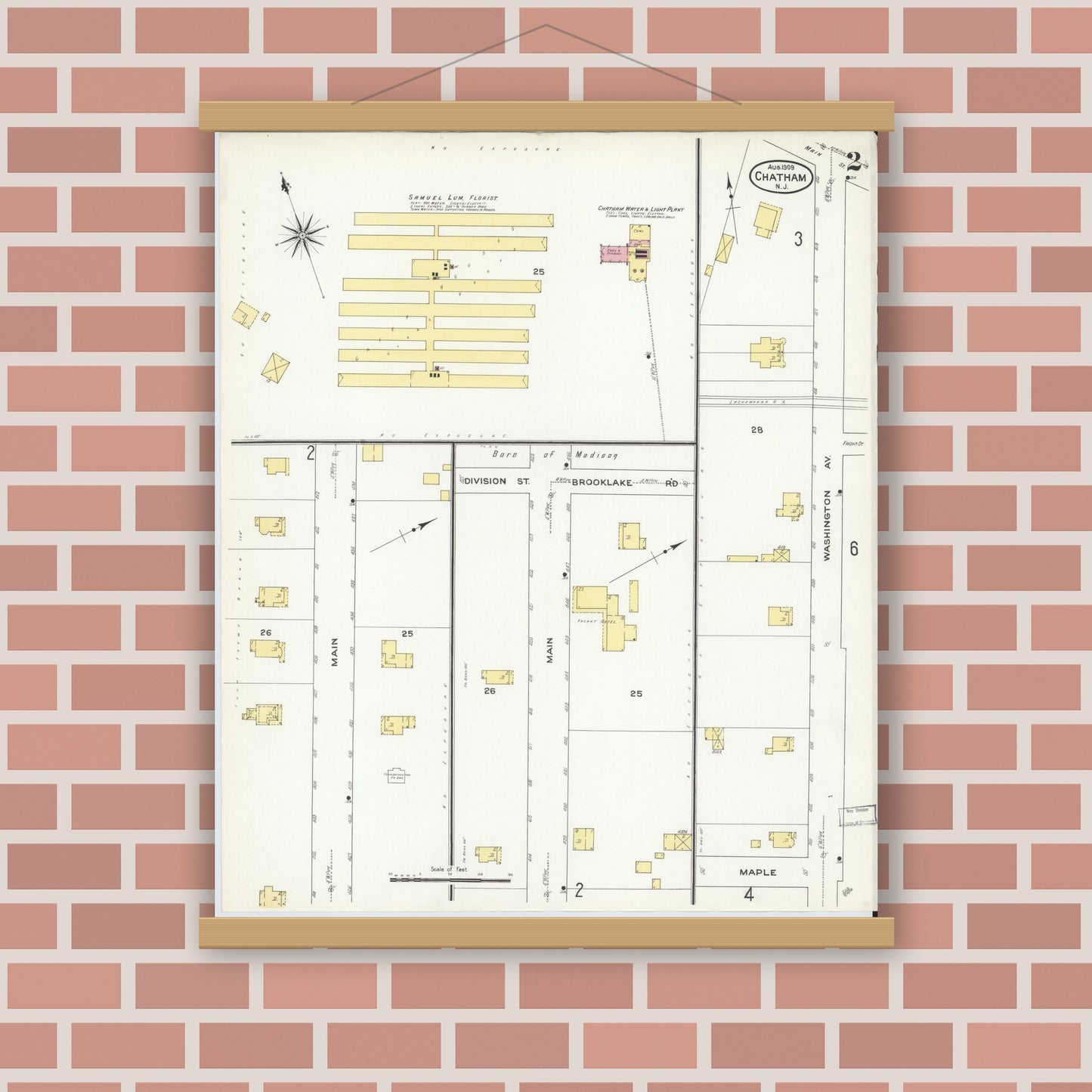 Old map wall art mockup — magnetic wood frame on brick wall — Sanborn Fire Insurance Map from Chatham, Morris County, New Jersey (1909), Sheet #0002