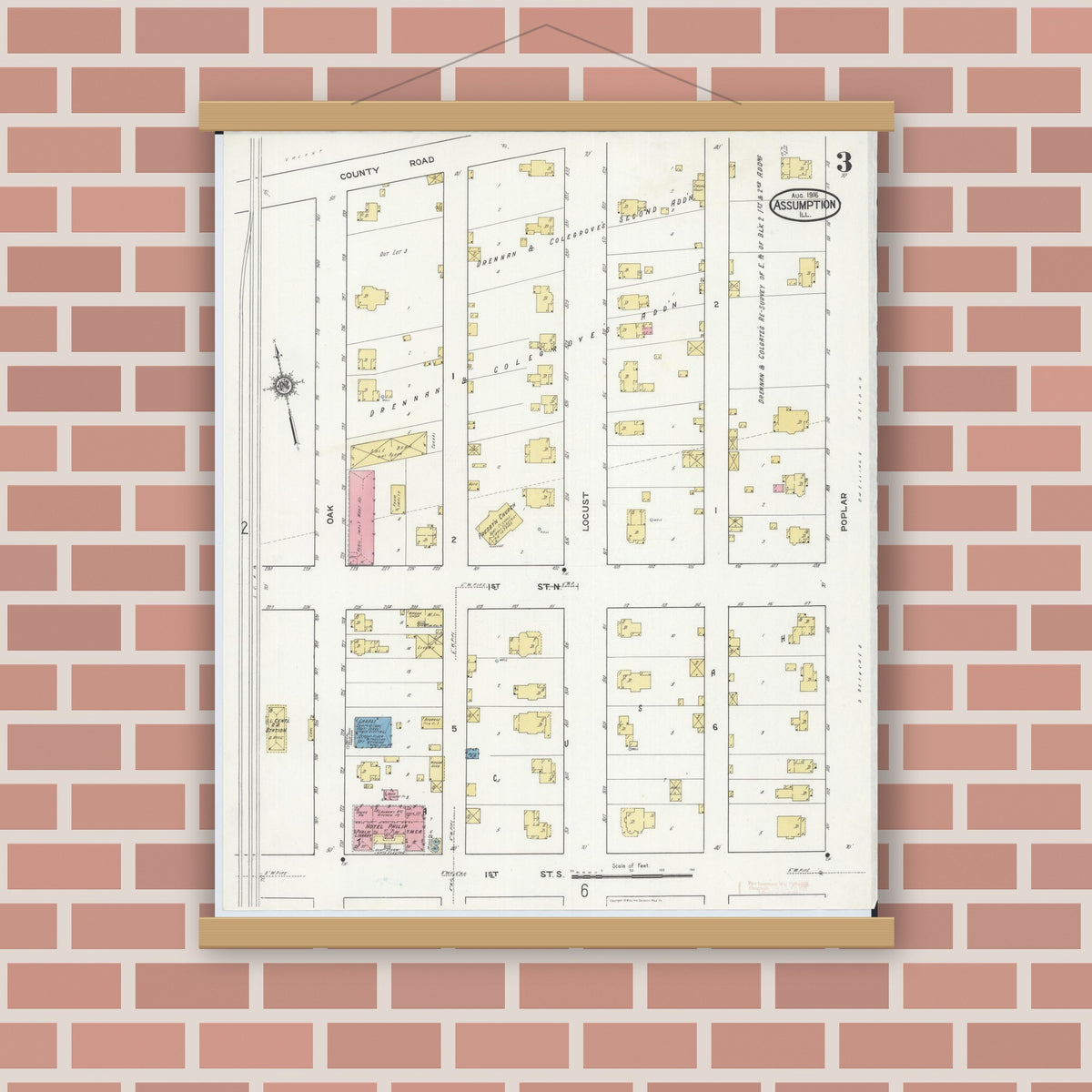 Old map wall art mockup — magnetic wood frame on brick wall — Sanborn Fire Insurance Map from Assumption, Christian County, Illinois (1916), Sheet #0003