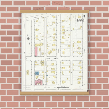 Old map wall art mockup — magnetic wood frame on brick wall — Sanborn Fire Insurance Map from Assumption, Christian County, Illinois (1916), Sheet #0003