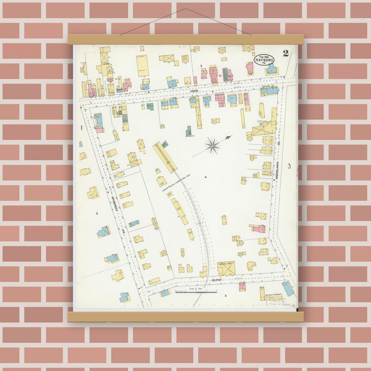 Old map wall art mockup — magnetic wood frame on brick wall — Sanborn Fire Insurance Map from Hatboro, Montgomery County, Pennsylvania (1905), Sheet #0002