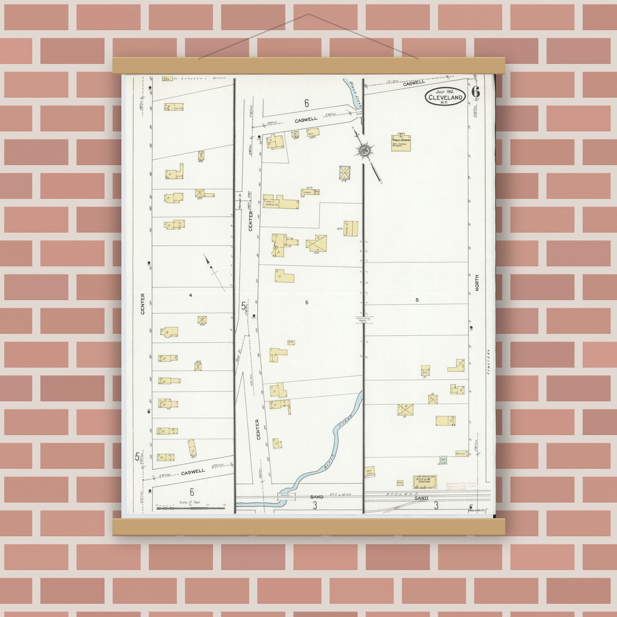 Old map wall art mockup — magnetic wood frame on brick wall — Sanborn Fire Insurance Map from Cleveland, Oswego County, New York (1912), Sheet #0006