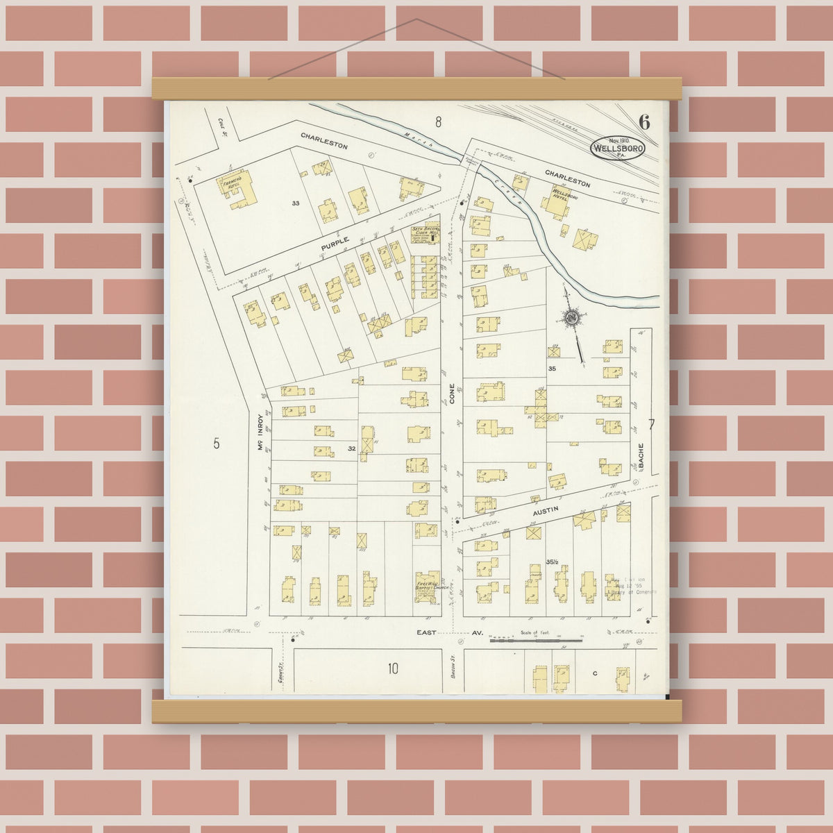 Old map wall art mockup — magnetic wood frame on brick wall — Sanborn Fire Insurance Map from Wellsboro, Tioga County, Pennsylvania (1910), Sheet #0006