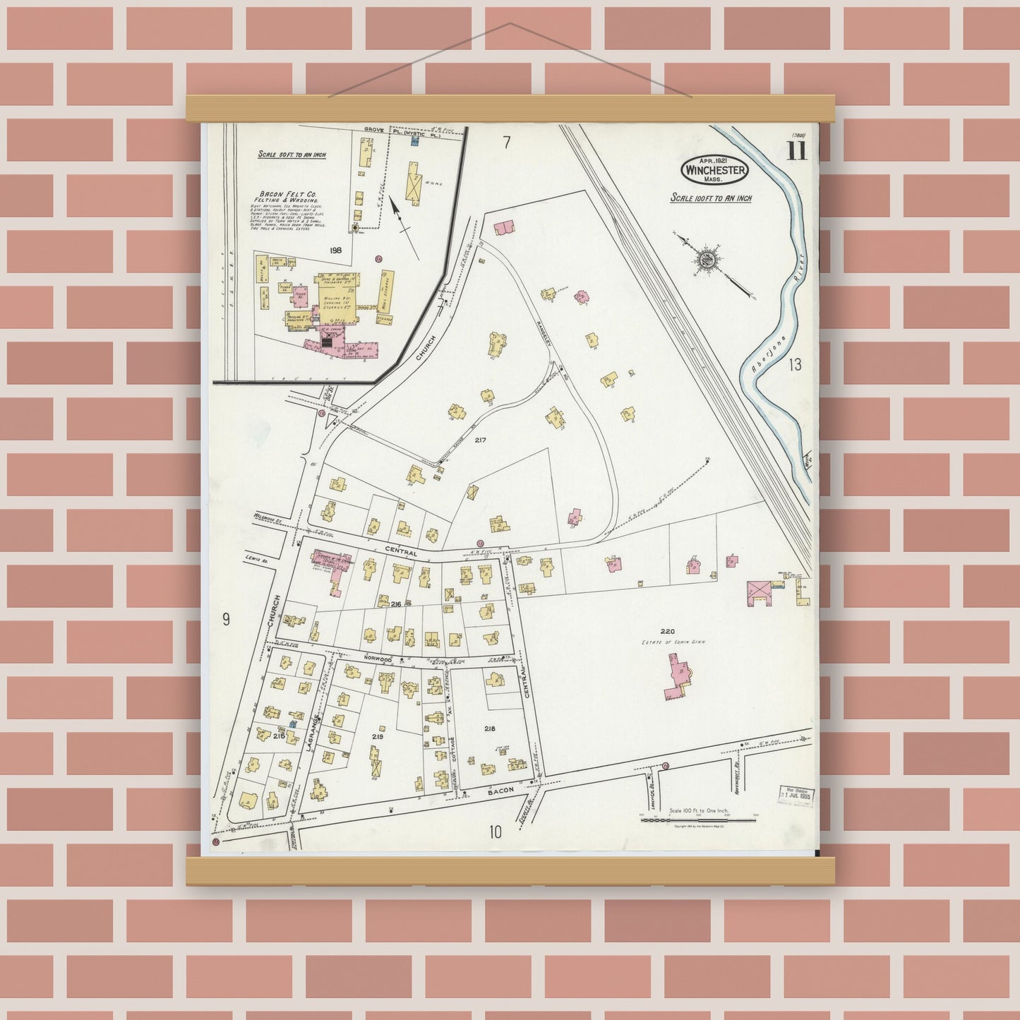 Old map wall art mockup — magnetic wood frame on brick wall — Sanborn Fire Insurance Map from Winchester, Middlesex County, Massachusetts (1921), Sheet #0011