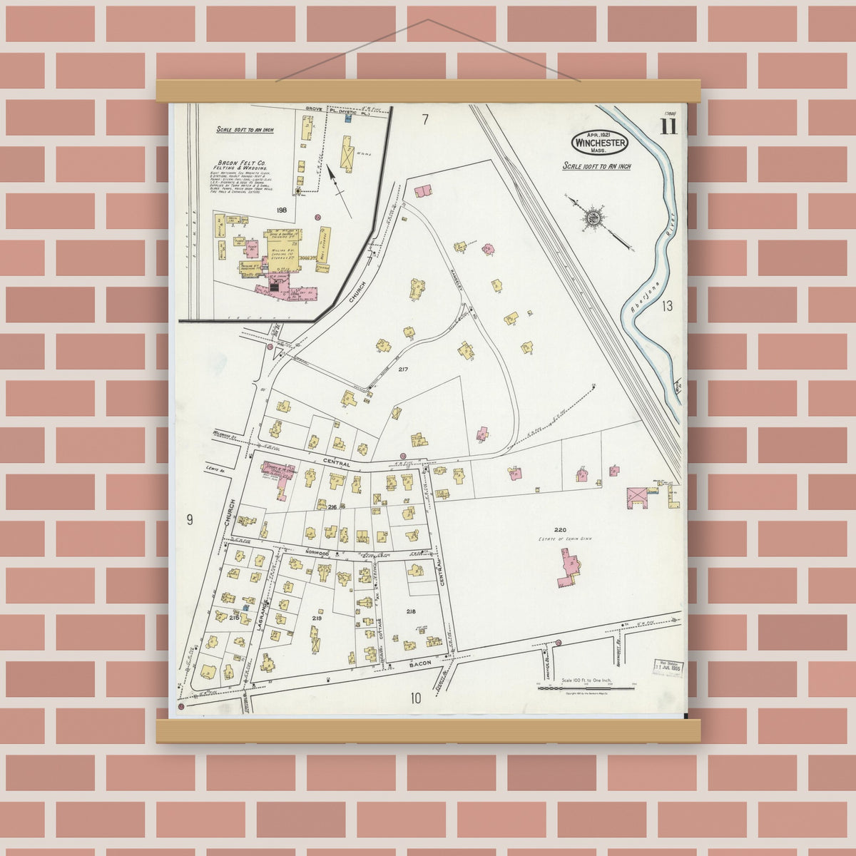 Old map wall art mockup — magnetic wood frame on brick wall — Sanborn Fire Insurance Map from Winchester, Middlesex County, Massachusetts (1921), Sheet #0011